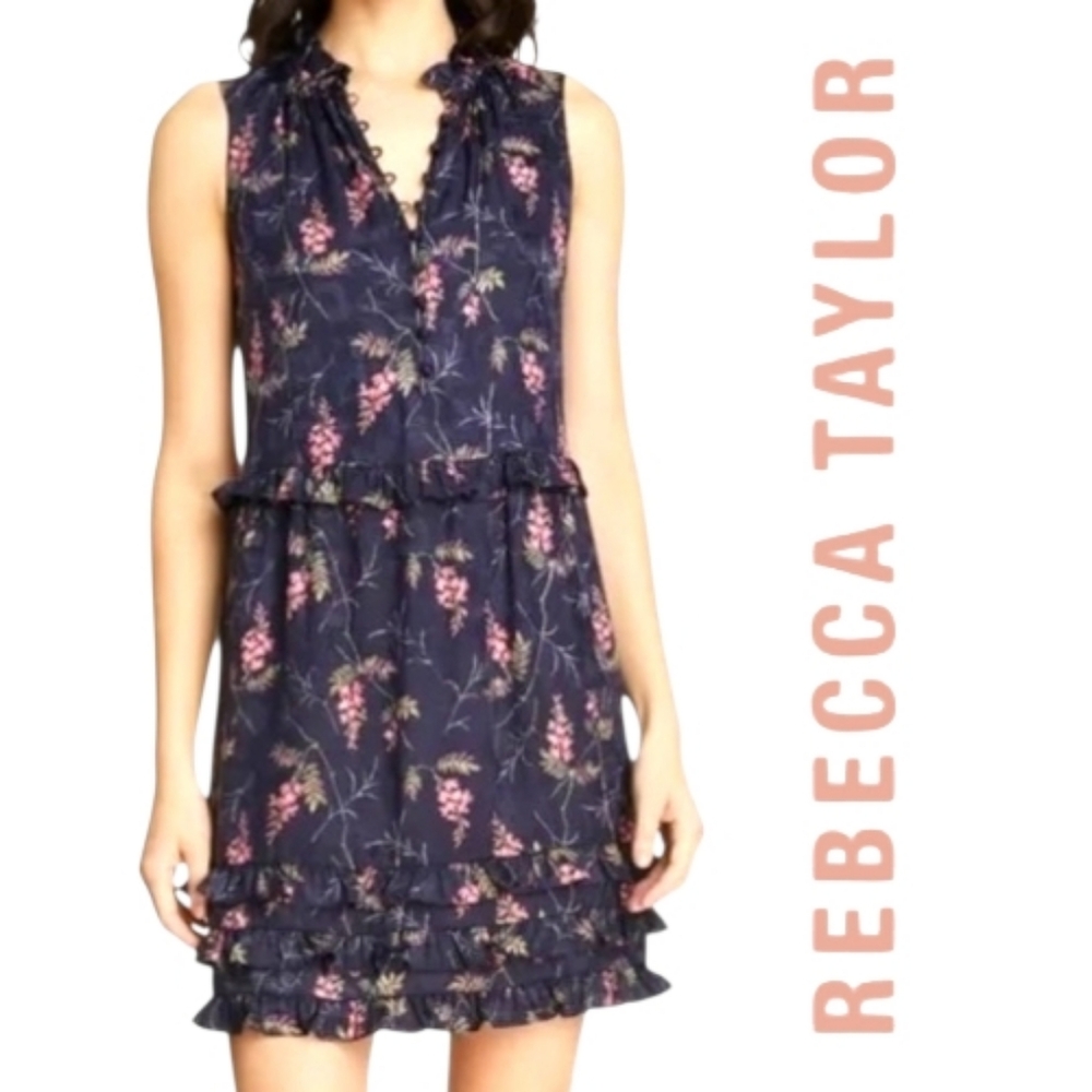 Rebecca Taylor Ivie Silk Navy Floral Mini Dress Ruffled Tiered Sleeveless Size 2